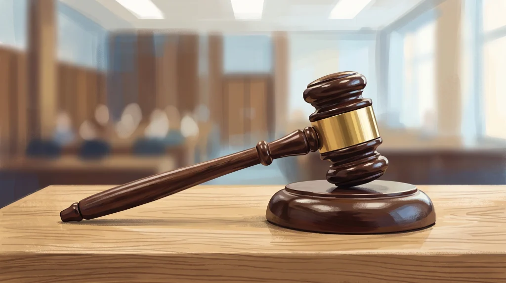 A magistrate's gavel in a neutral courtroom setting.