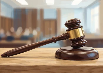 A magistrate's gavel in a neutral courtroom setting.