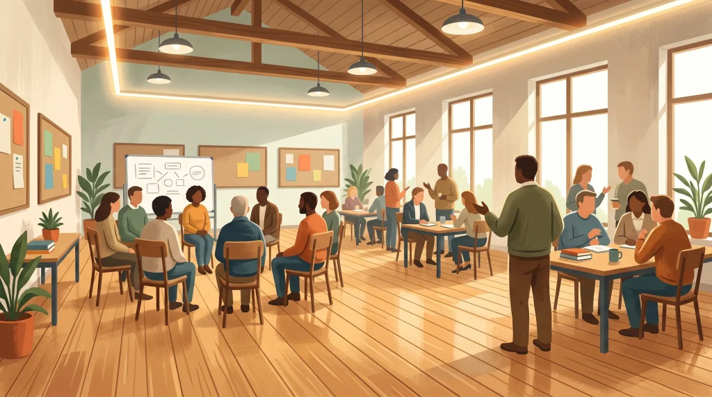 A conceptual illustration of a modernised community hall interior.