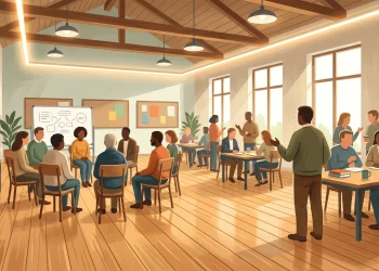 A conceptual illustration of a modernised community hall interior.