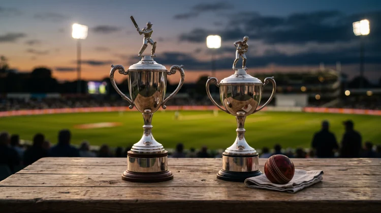 Two cricket trophies on a table with a stadium in the background.