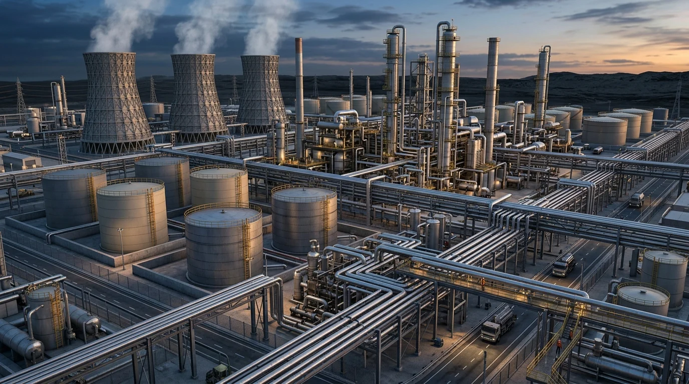 Conceptual architectural rendering of a petroleum processing plant.