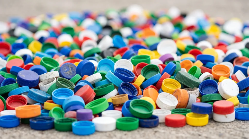 A close-up view of various colourful plastic bottle tops.