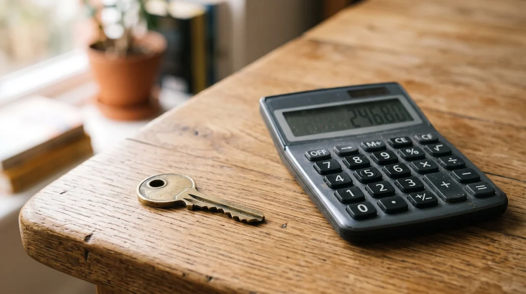 A house key and a calculator on a table representing rental costs.