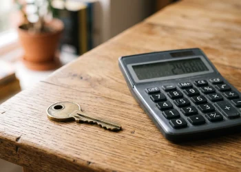 A house key and a calculator on a table representing rental costs.