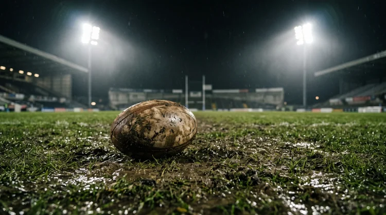 A rugby ball on a wet, grass pitch under bright stadium lights at night.