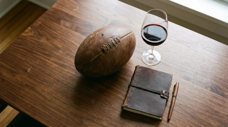 A rugby ball and a glass of red wine on a wooden table.