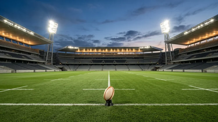A rugby ball on a kicking tee in the middle of a large floodlit stadium.