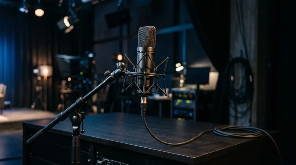 A close-up of a broadcast microphone in a studio.