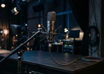 A close-up of a broadcast microphone in a studio.