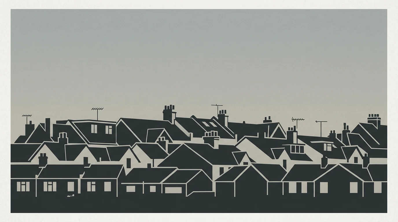Silhouetted rooftops of UK houses.