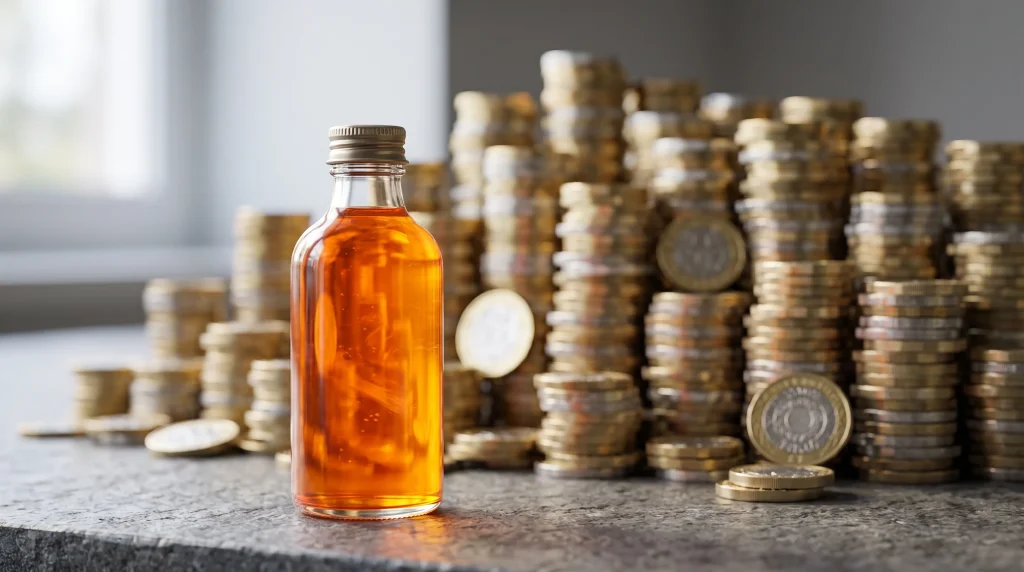 A clear bottle of liquid next to stacks of UK coins representing a new tax.