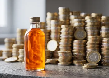 A clear bottle of liquid next to stacks of UK coins representing a new tax.