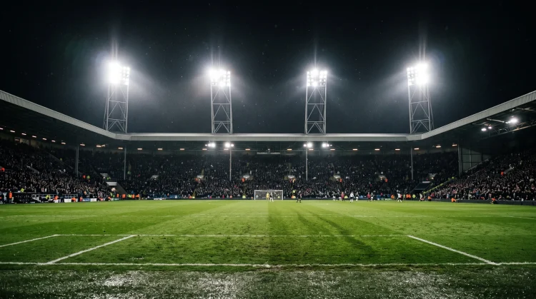 A brightly lit football stadium at night during a match break.