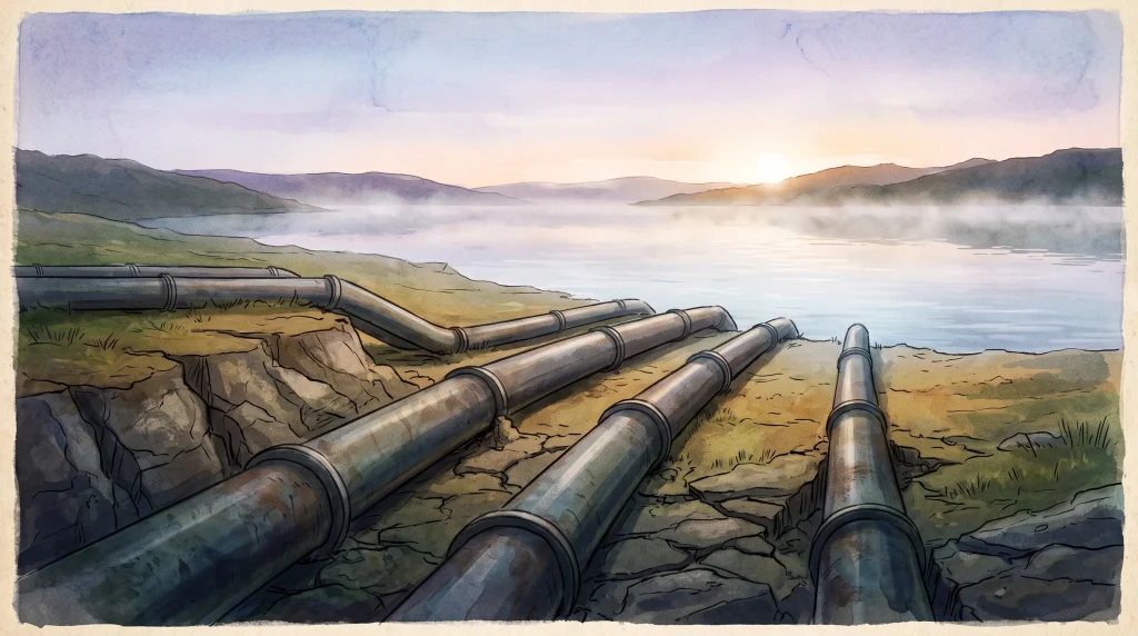Conceptual illustration of water infrastructure and a natural body of water.