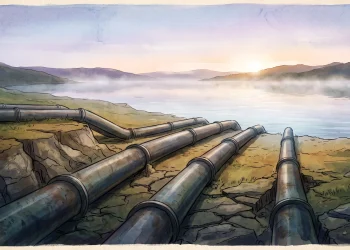 Conceptual illustration of water infrastructure and a natural body of water.