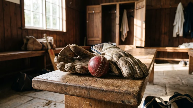 Wicketkeeping gloves and a cricket ball on a pavilion bench.